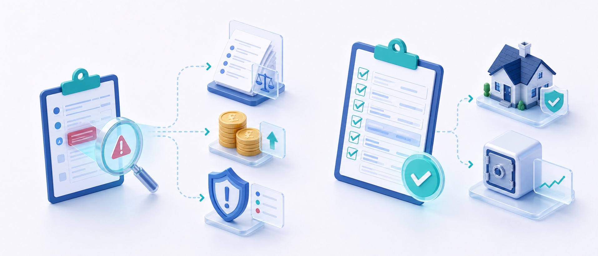 Isometric illustration of an inaccurate Form E being detected and replaced by verified financial disclosure